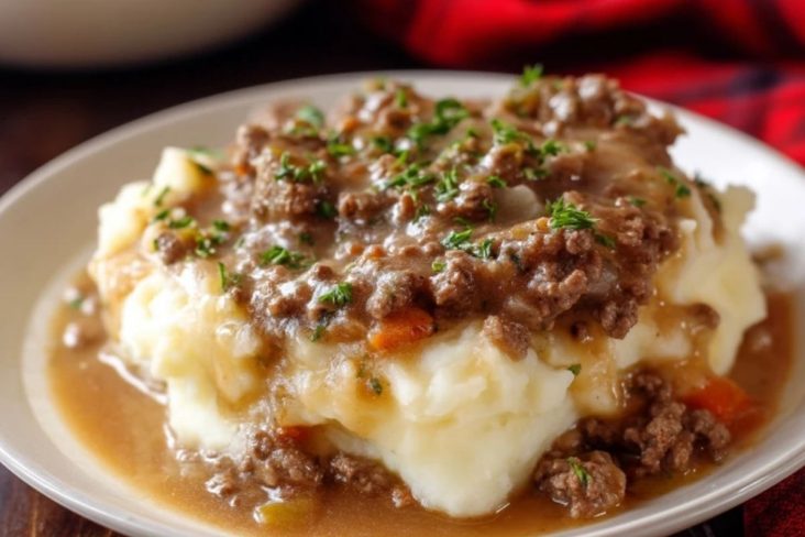 Hackfleisch mit Bratensoße auf Kartoffelpüree