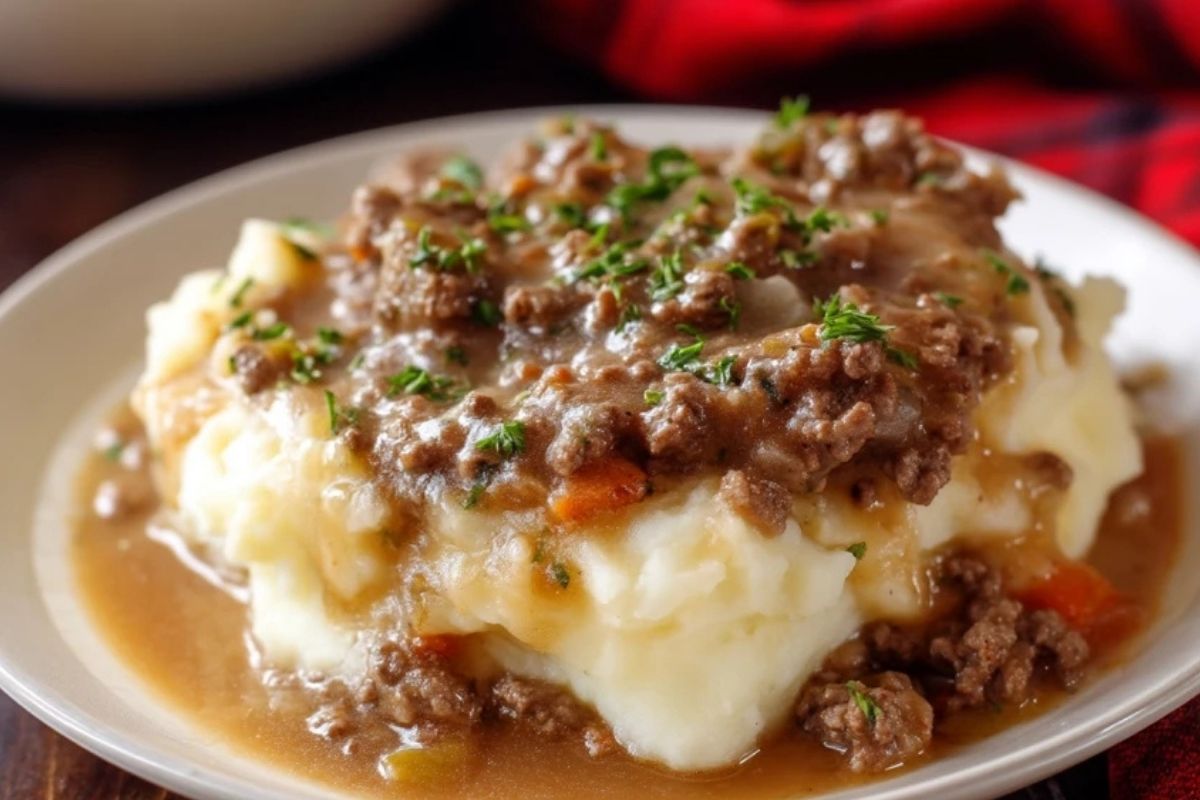 Hackfleisch mit Bratensoße auf Kartoffelpüree