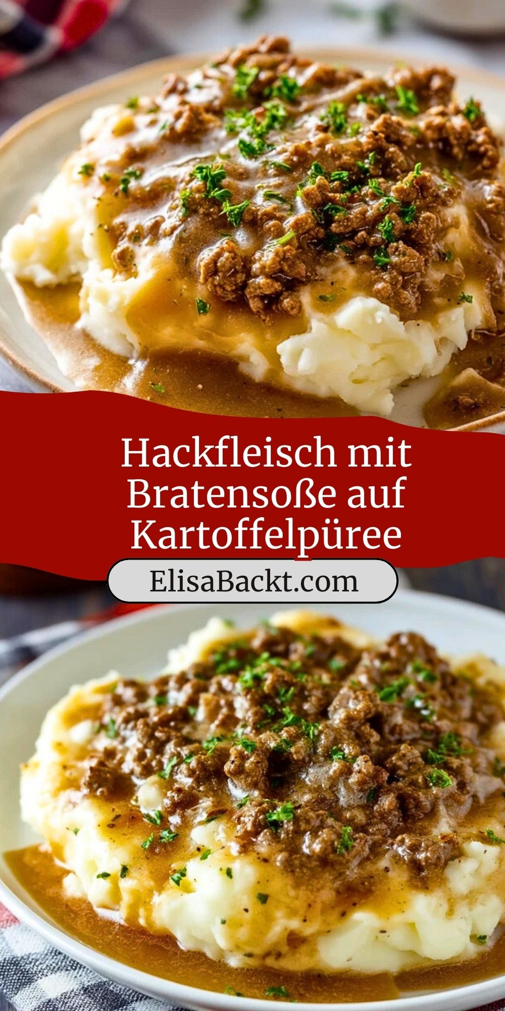 Hackfleisch mit Bratensoße auf Kartoffelpüree