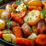 Knoblauch-Kräuter-Röstgemüse mit Kartoffeln, Karotten und Zucchini