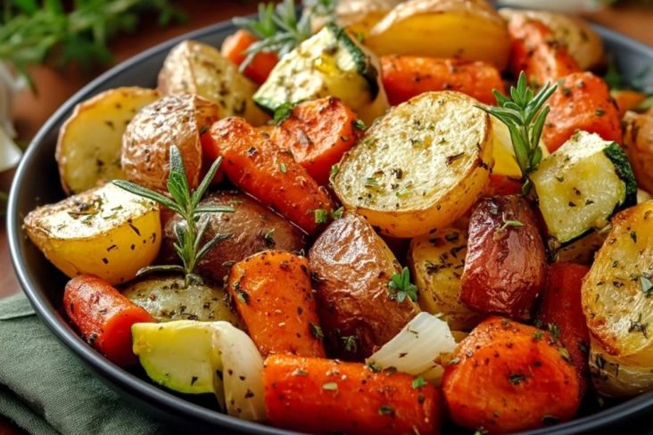 Knoblauch-Kräuter-Röstgemüse mit Kartoffeln, Karotten und Zucchini