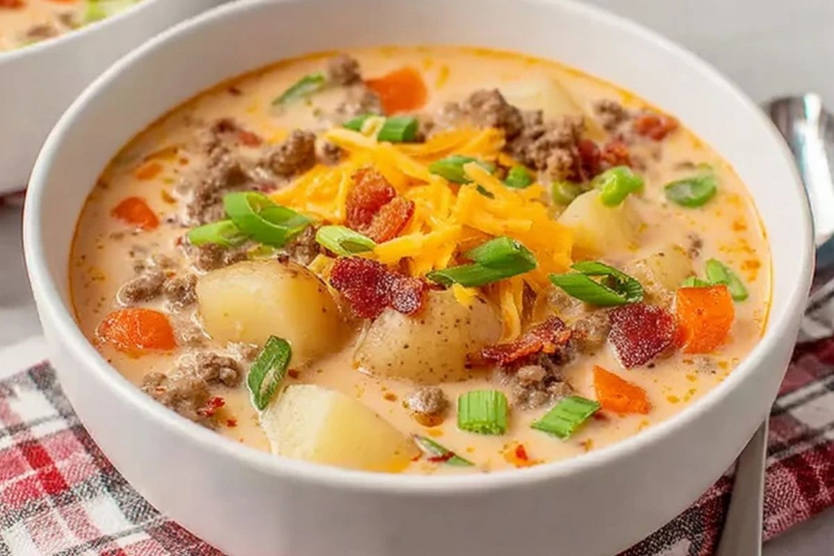 Hausgemachte Cheeseburger-Suppe mit kleinen Kartoffeln