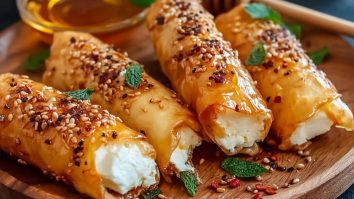 Ofenfrittierte Feta-Rollen mit Chili-Honig