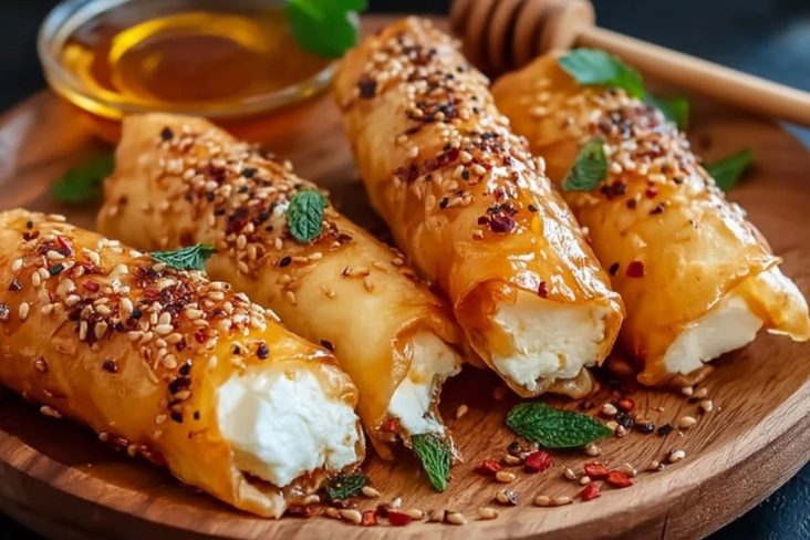 Ofenfrittierte Feta-Rollen mit Chili-Honig