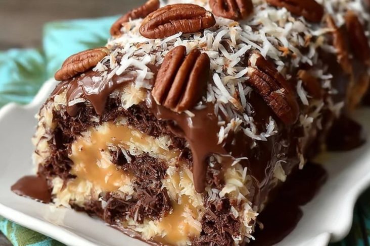 Schokoladen-Kokos-Pekannuss-Rolle