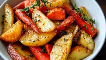 Süße Und Herzhaft Geröstete Äpfel Und Karotten Mit Ahorn-Dijon-Sauce