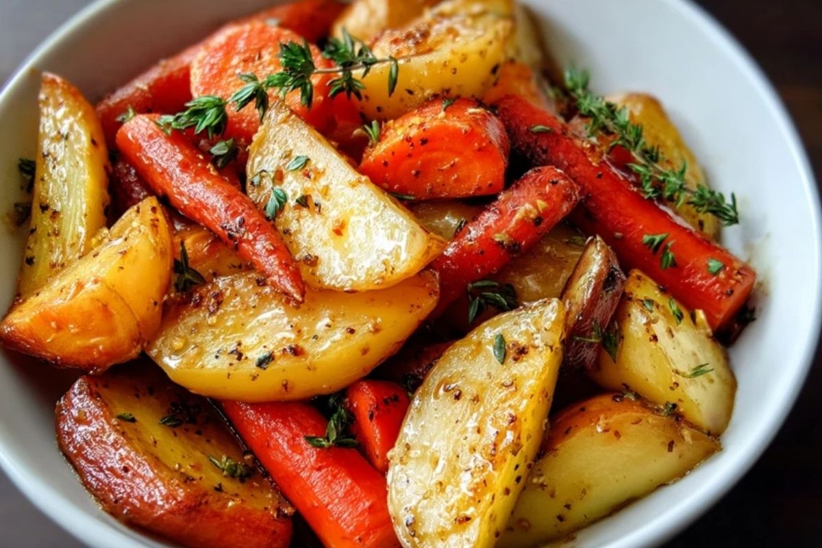 Süße Und Herzhaft Geröstete Äpfel Und Karotten Mit Ahorn-Dijon-Sauce